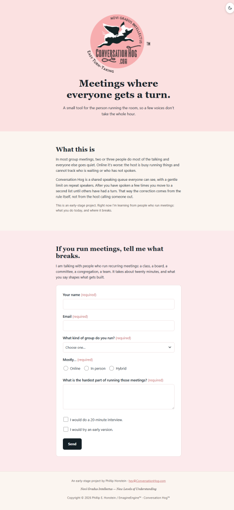 Screenshot of the ConversationHog.com web page.
